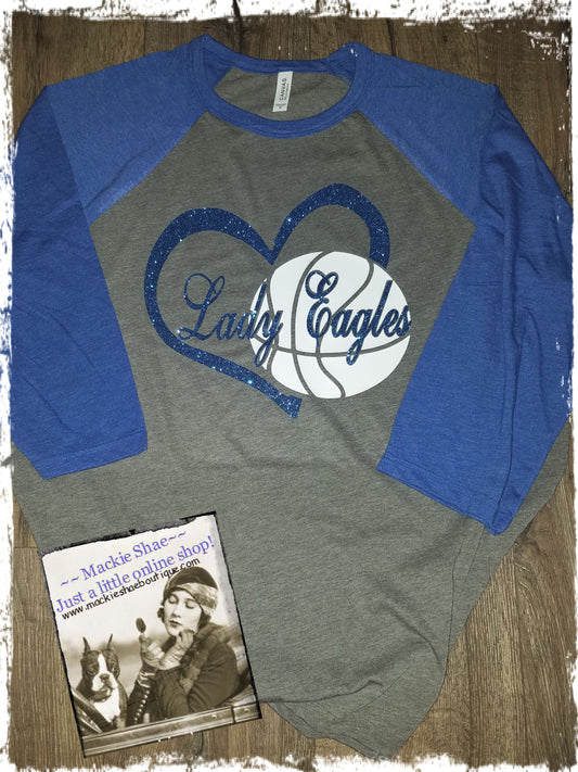 Lady Eagles Basketball with Heart Custom Shirt, 3/4 Sleeve
