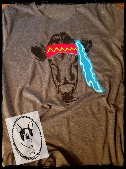 Cow with Feather Headband Custom Shirt, Short-Sleeve