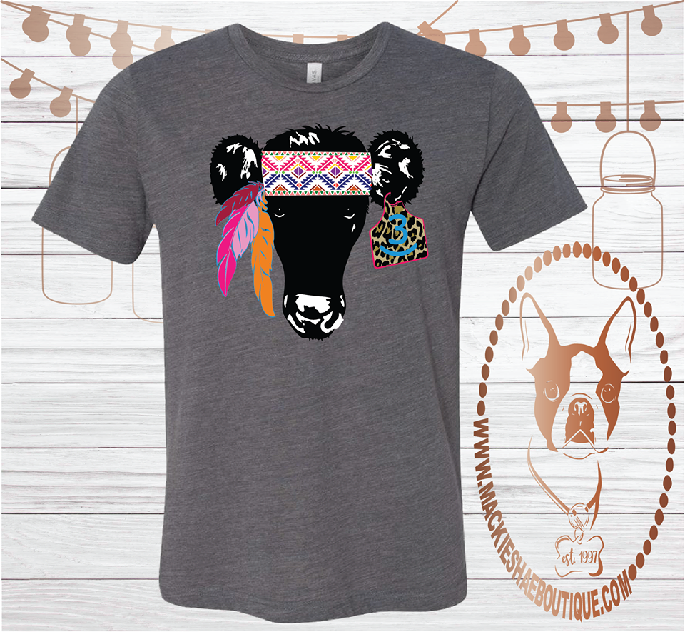 Cow with Feather Headband and Personalized Brand Tag Custom Shirt, Short Sleeve