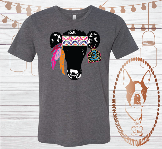 Cow with Feather Headband and Personalized Brand Tag Custom Shirt, Short Sleeve