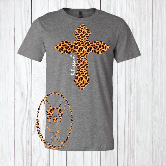Blessed with Metallic Leopard Cross Custom Shirt, Short-Sleeve