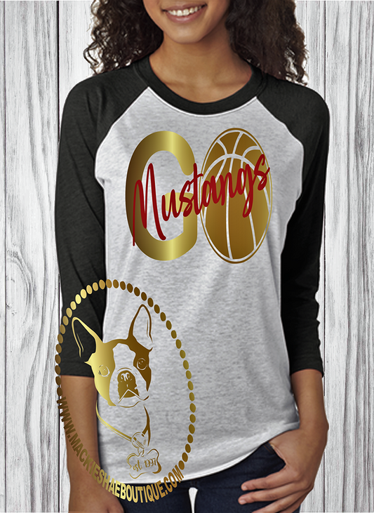 GO Basketball (get any sport and any team)Mustangs Custom Shirt, 3/4 Sleeve