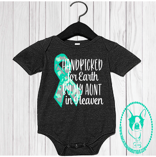 Hand Picked for Earth By My Aunt in Heaven Teal Camo Cancer Ribbon Custom Body Suit for Kids