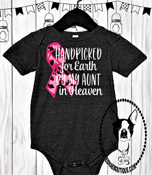Hand Picked for Earth By My Aunt in Heaven Pink Cancer Ribbon Custom Body Suit for Kids