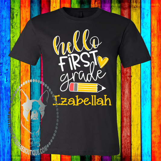 Hello...  Grade Pencil Personalized Custom Shirt for Kids, Short Sleeve