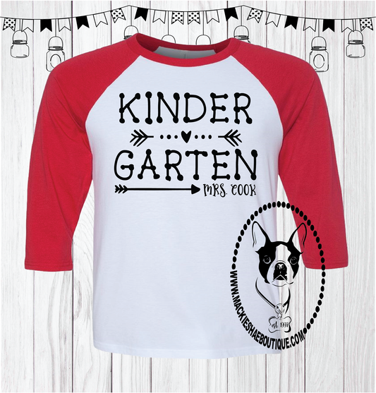 Kindergarten Arrows Personalized with Teacher's Name Custom Shirt, 3/4 Sleeve