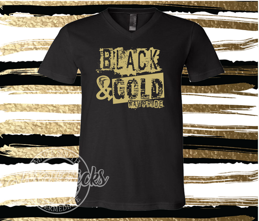 MSIS PTO-Black & Gold Mav Pride, Black Bella Soft VNECK Short Sleeve for Adults
