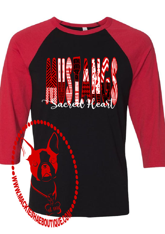 Sacred Heart Mustangs Patterned Custom Shirt, 3/4 Sleeve