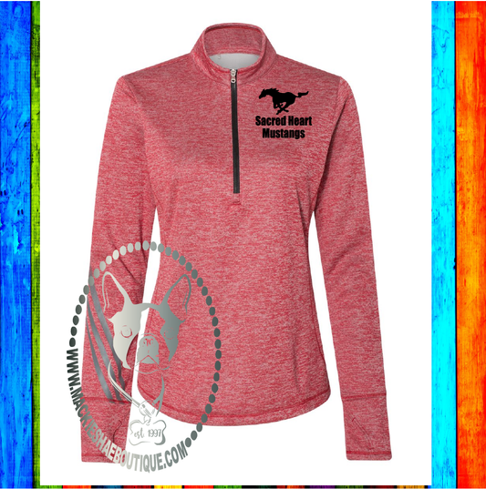 Sacred Heart Mustangs Custom Shirt, Adidas Women's Brushed Terry Heathered Quarter-Zip Pullover