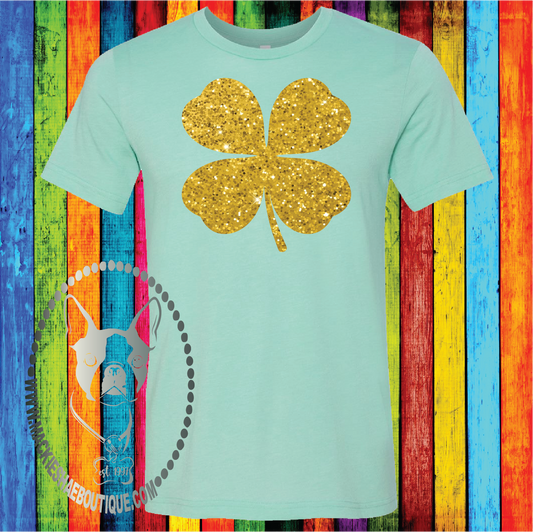Gold Glitter Shamrock on Mint Custom Shirt Custom Shirt, Short Sleeve for Adults