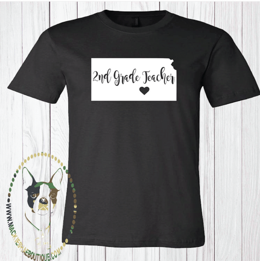 Kansas 2nd Grade Teacher Custom Shirt (Pick any state, town, and grade), Short Sleeve