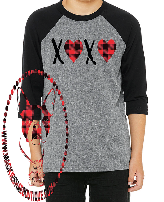 XOXO Heart and Buffalo Plaid Custom Shirt for Kids, 3/4 Sleeve