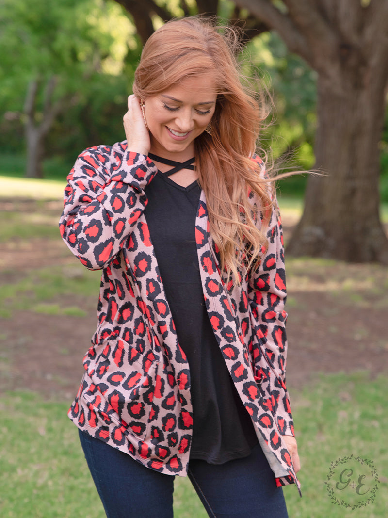 Red Leopard Cardigan with Pockets