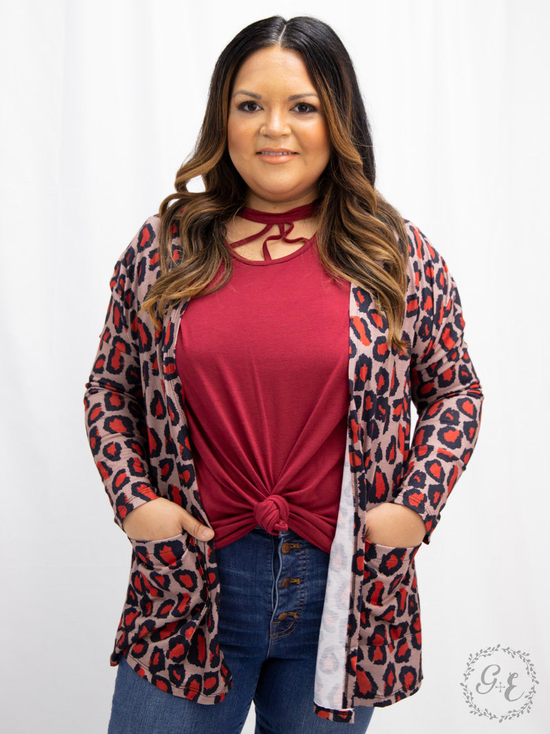 Red Leopard Cardigan with Pockets